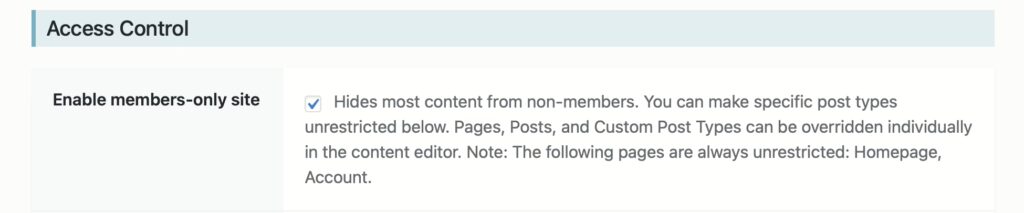 A screenshot of the "Enable members-only site" option in the Members Only settings page