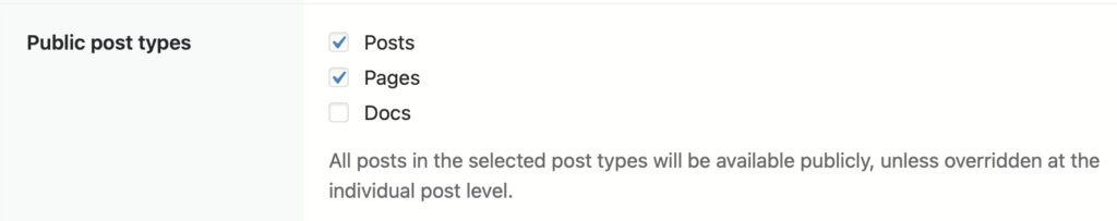 A screenshot showing the "Public post types" setting on the Members Only settings page.