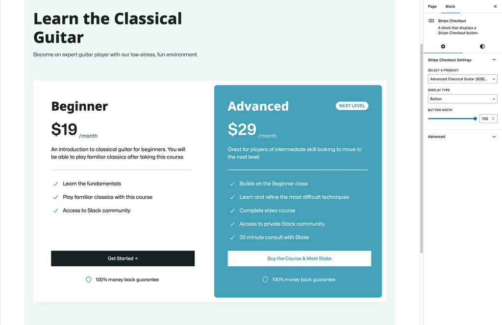 A screenshot of the Stripe Checkout block inside the WordPress block editor.
