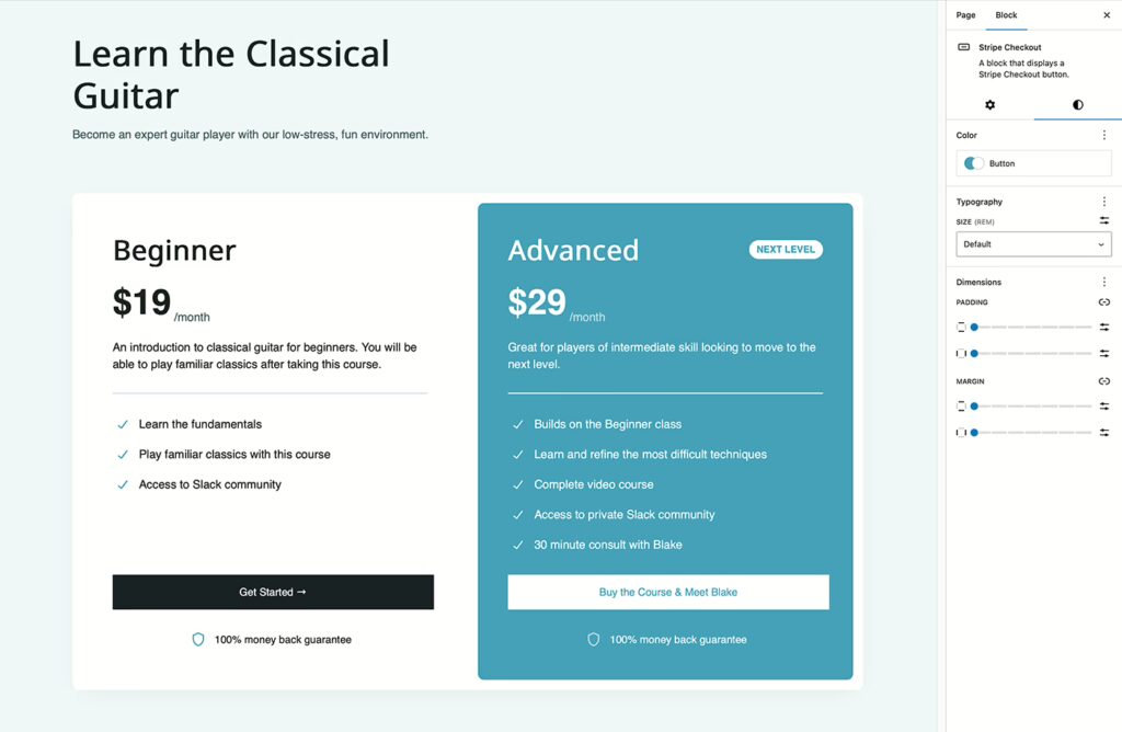 A screenshot of the Stripe Checkout block inside the WordPress block editor.