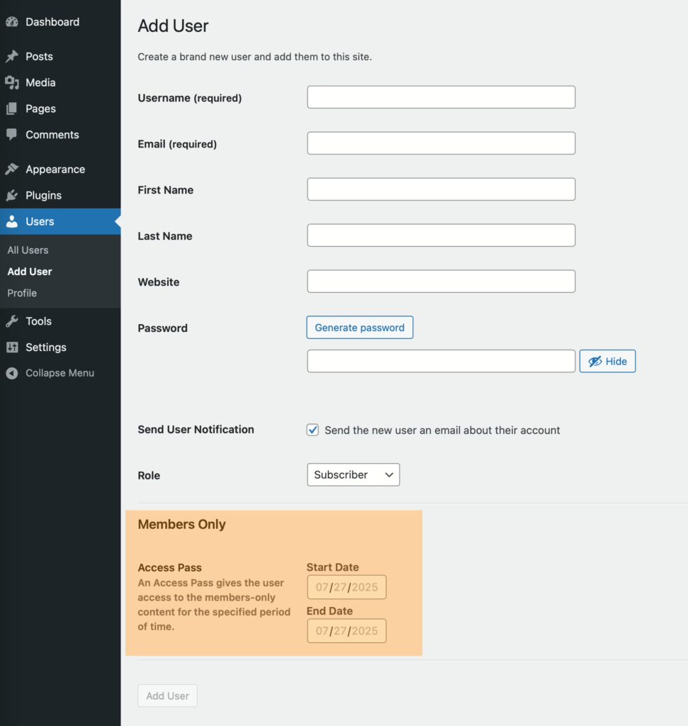 Screenshot of Add User screen, with Members Only Access Pass section highlighted.