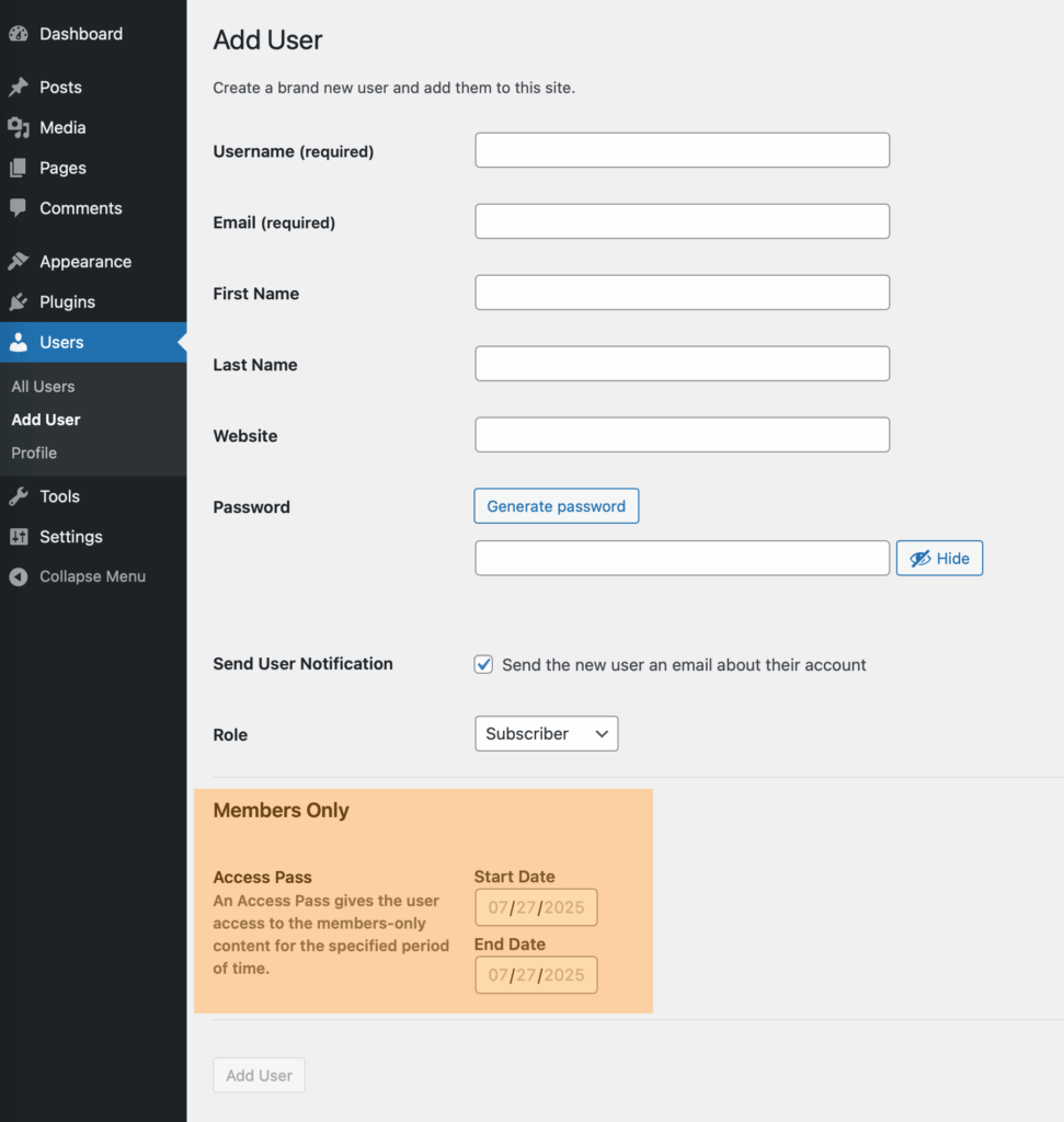 Screenshot of Add User screen, with Members Only Access Pass section highlighted.