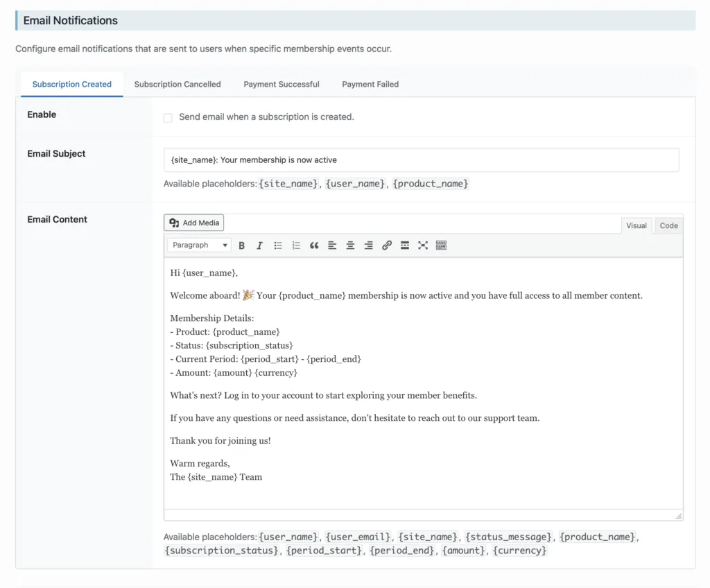Screenshot of the Email Notification settings in the Members Only plugin