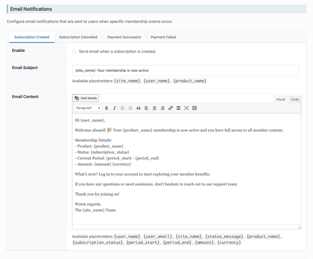 Screenshot of the Email Notification settings in the Members Only plugin